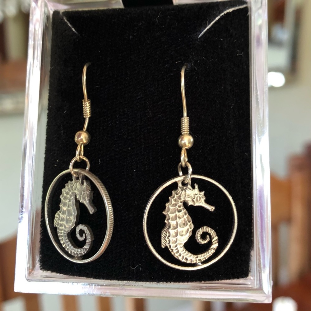 HAND-CUT 1969 SINGAPORE SEAHORSE COIN EARRINGS